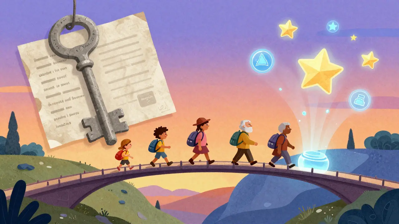 Cartoon people crossing a bridge from traditional to digital assets