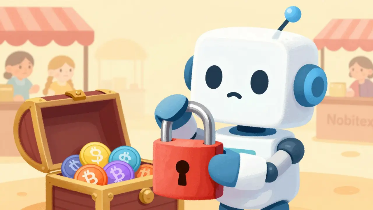 Cartoon robot locking a chest of digital coins, symbolizing Tether freezes.