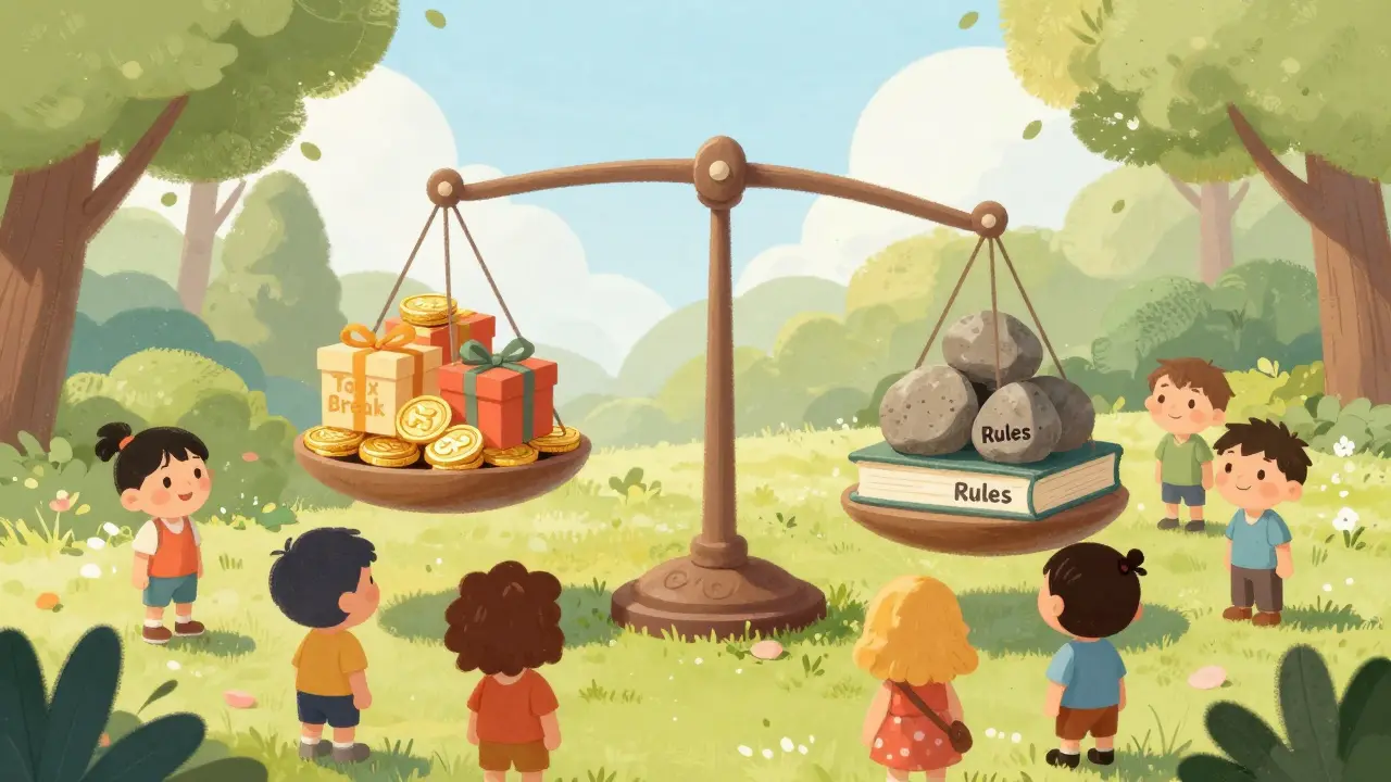 Cartoon scale balancing tax benefits against strict crypto regulations