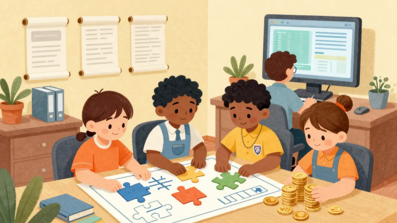 Cartoon scene of a compliance team managing risks and documentation in an office.