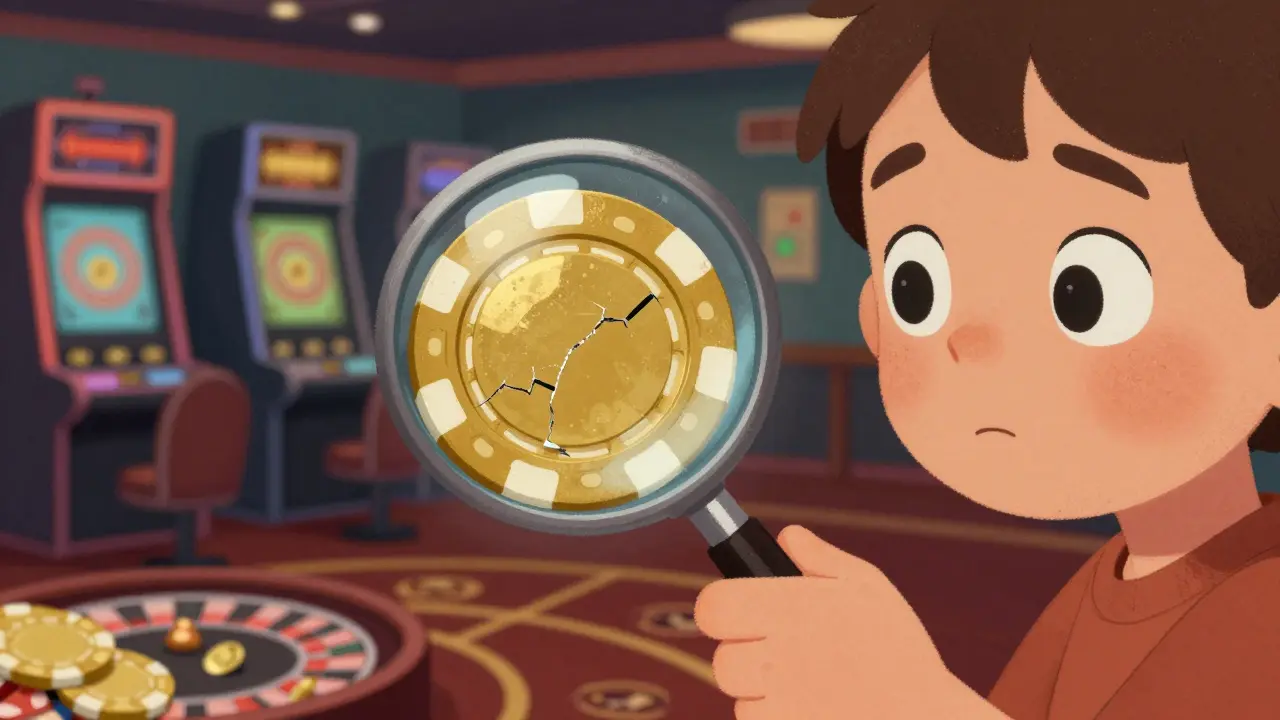 Child examining a cracked pickle-themed casino chip under magnifier