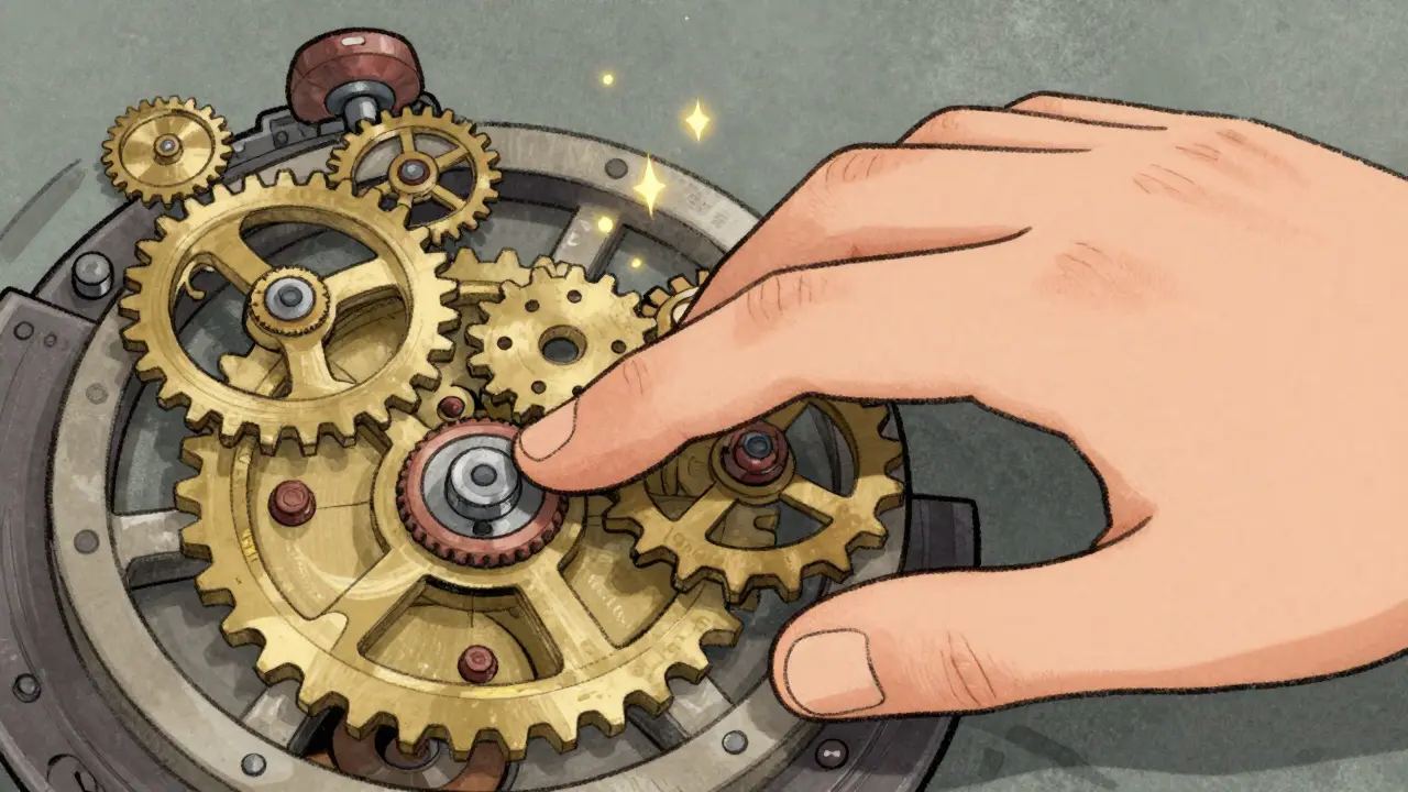 Clockwork machine paused by a protective hand during repair