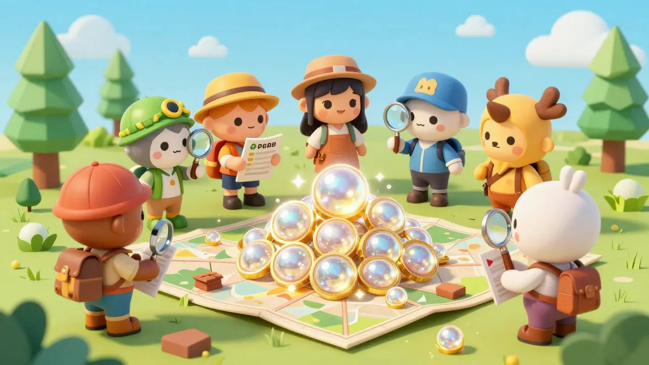 Cute adventurers gathering around a map pointing to a pile of sparkling PEARL tokens.