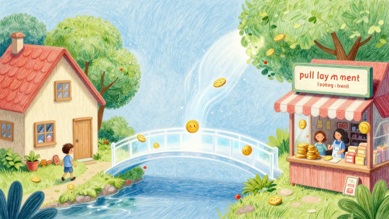 Cute coins flowing automatically across a magical bridge between user and merchant.