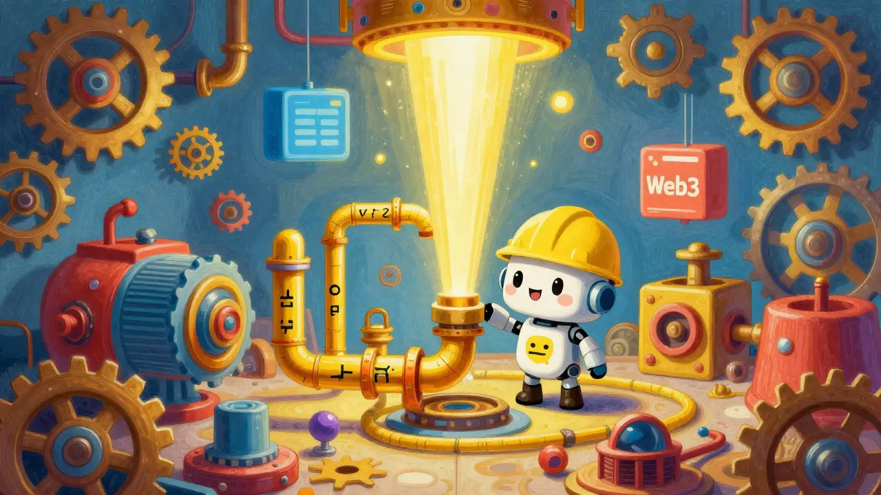 Cute robot connecting Web2 and Web3 pipes in a magical workshop engine room.