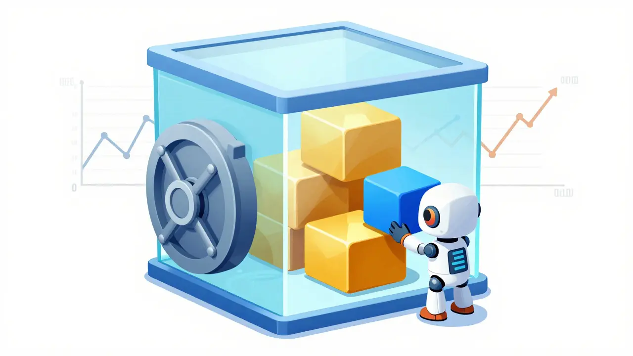 Cute robot trading heavy gold blocks for a stable blue cube in a magic vault.