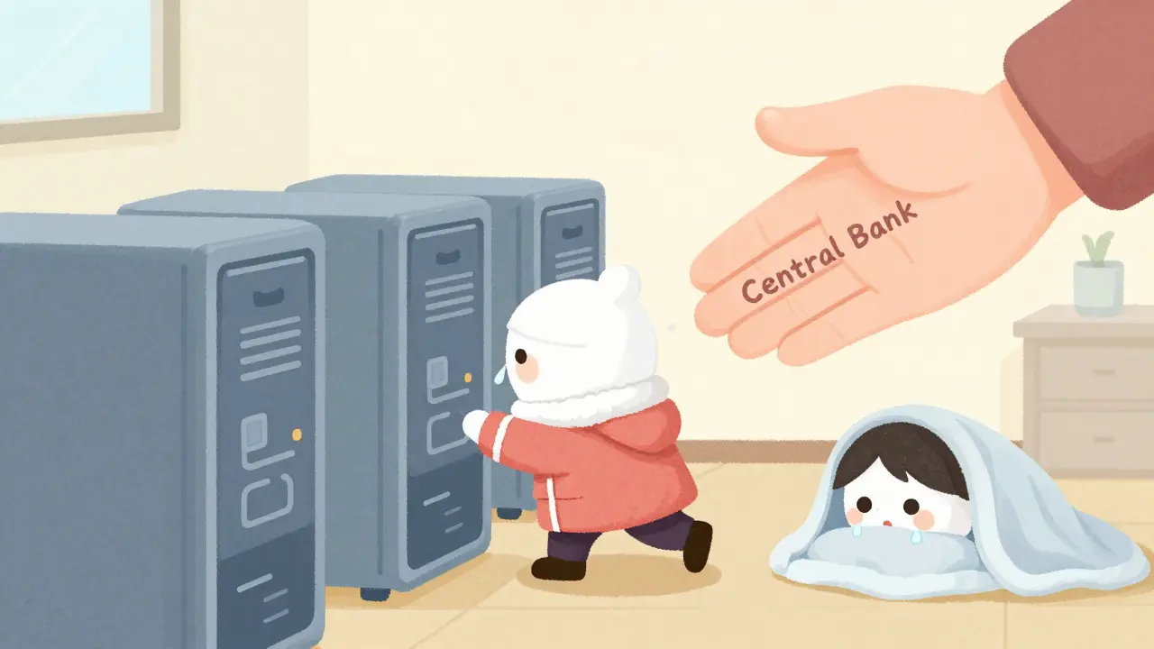 Cute servers shivering in cold, representing Iran's crypto mining struggles.
