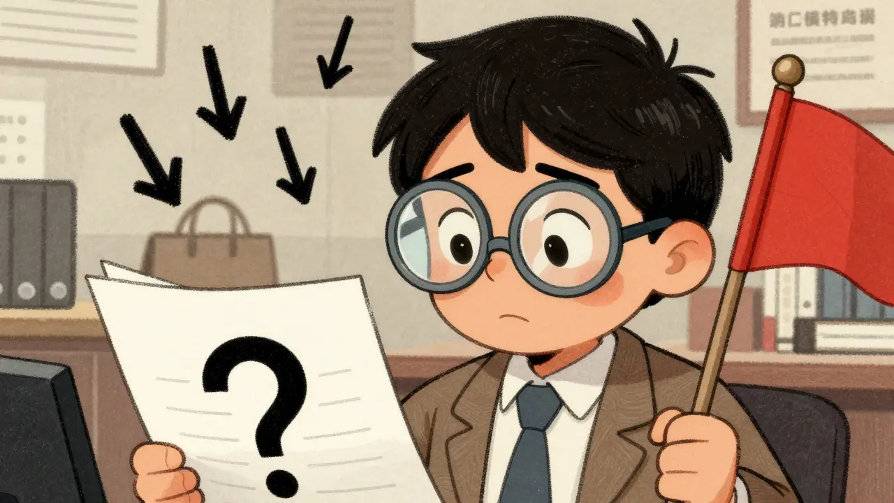 Detective examining blank papers with question marks and holding red flag