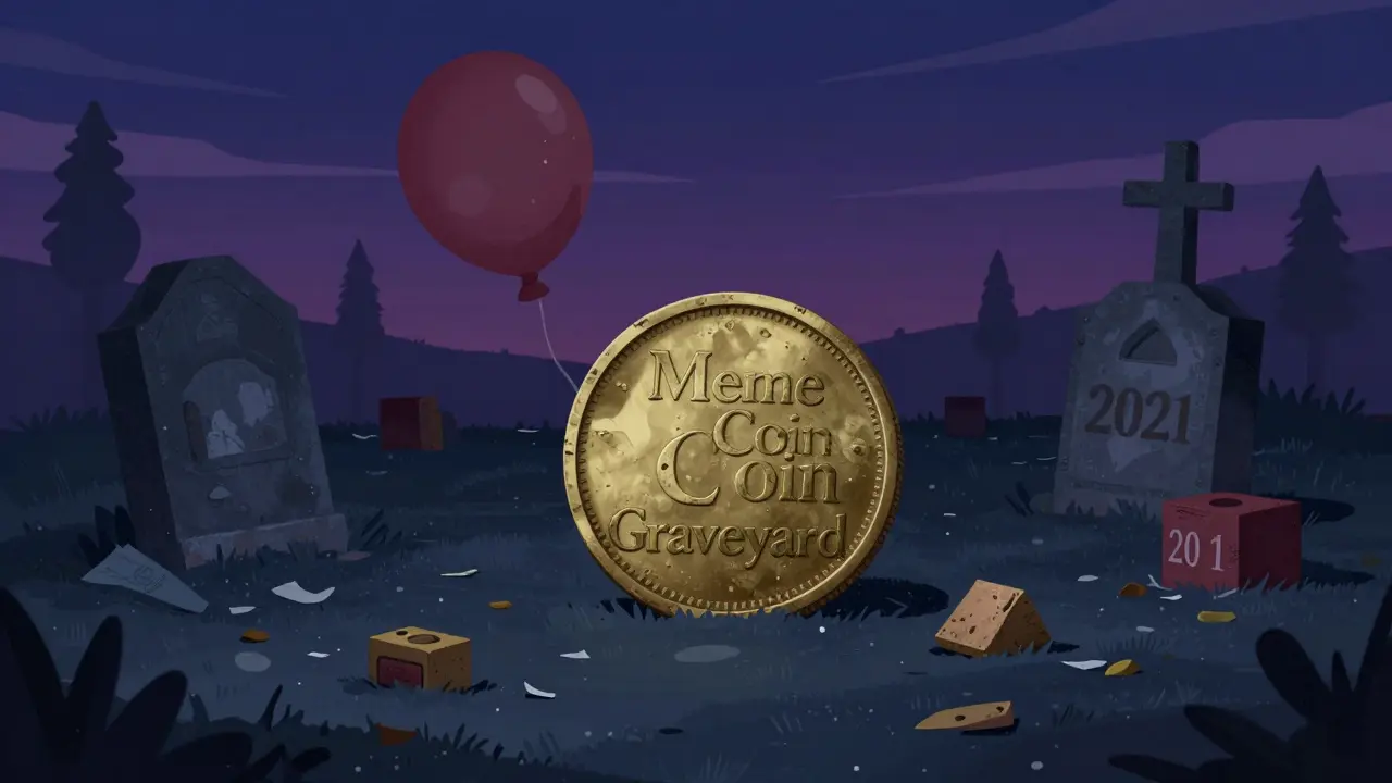 Dusty deflated coin balloon in a graveyard of forgotten crypto toys.