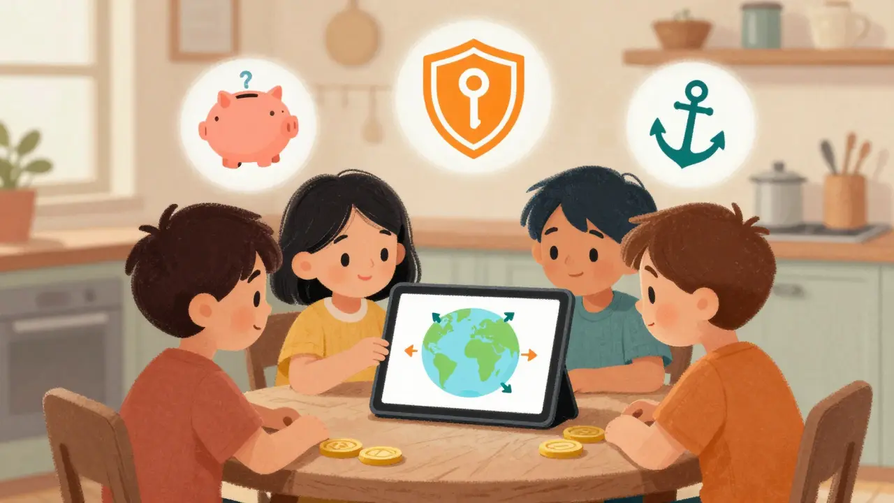 Family learning about crypto concepts on a tablet