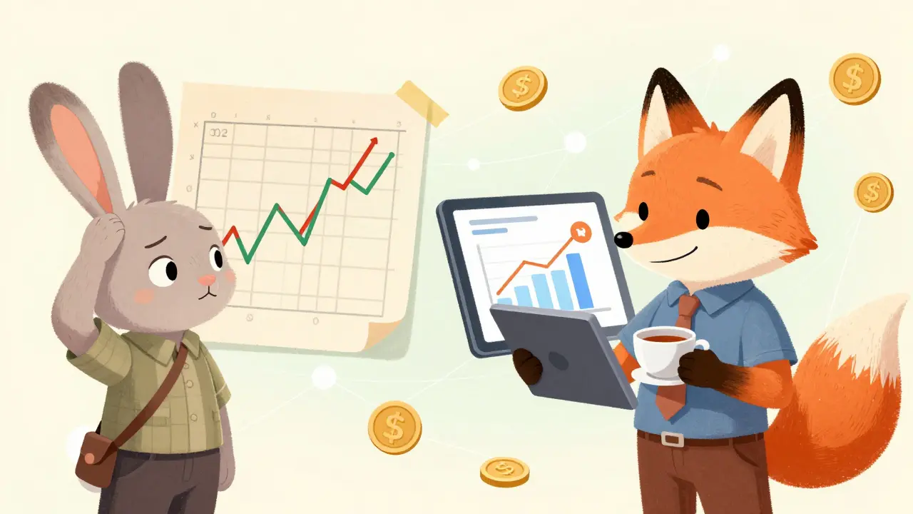 Fox trader using clear analytics while a confused rabbit struggles with complex charts.