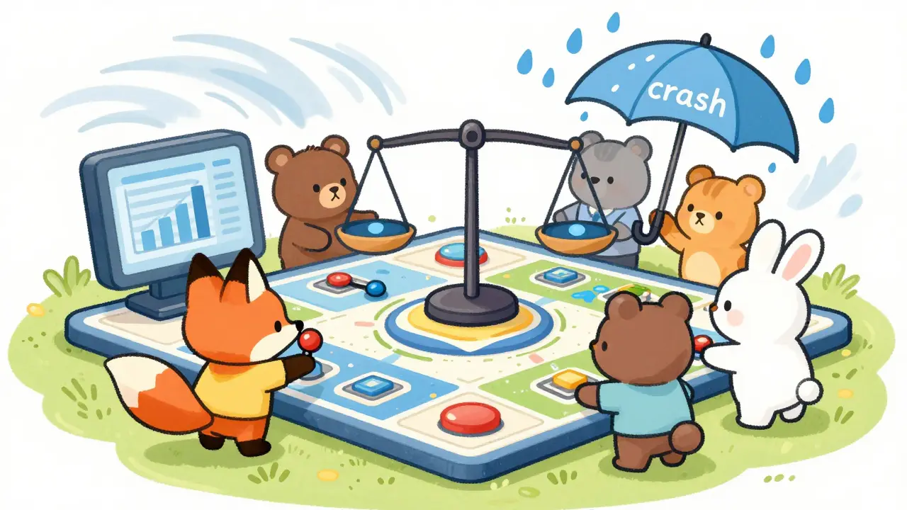 Friendly animals managing a balance scale on a game board against windy storms.