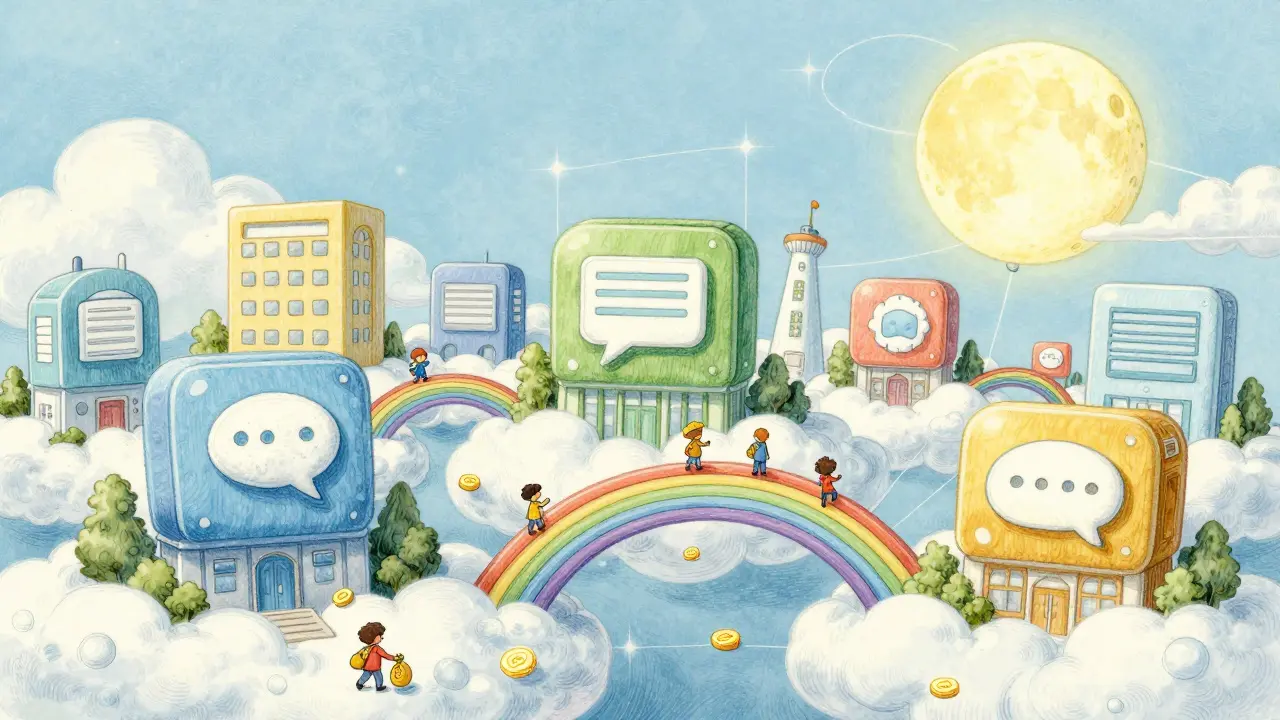 Friendly cloud city with app-shaped buildings connected by rainbow bridges.