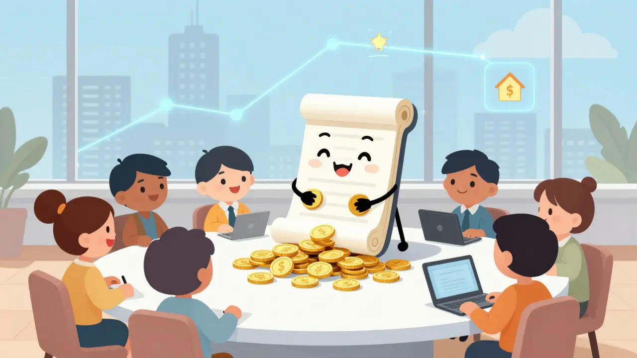 Friendly smart contract character distributing coins to investors