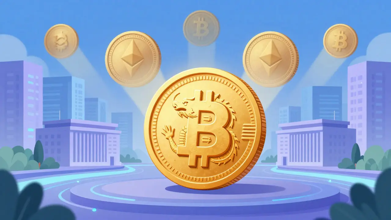 Golden digital yuan coin overshadowing fading cryptocurrency ghosts