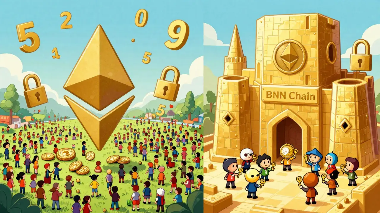 Illustration contrasting a crowded world with a secure fortress to represent token versions.
