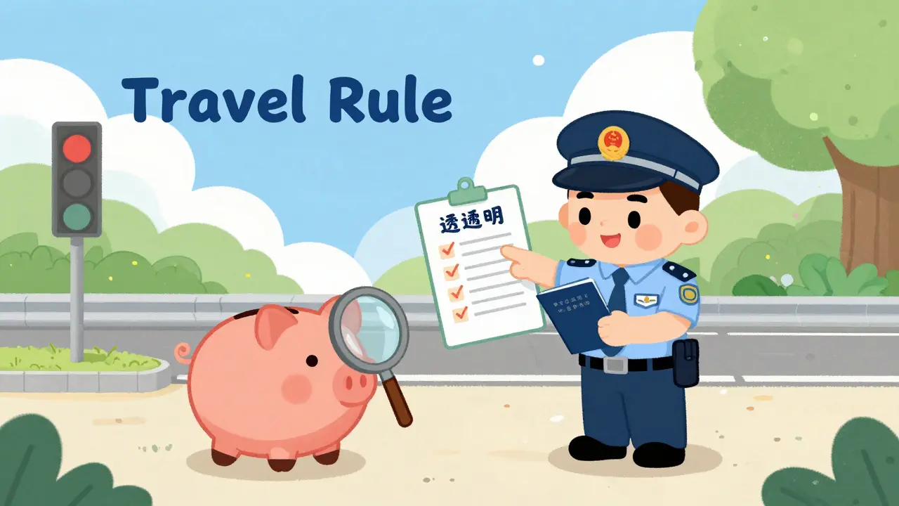 Illustration of a customs officer checking a crypto piggy bank