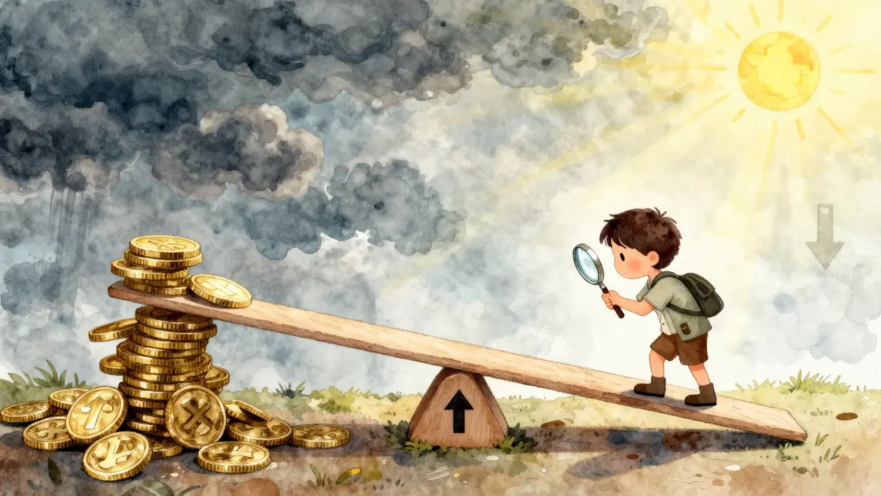 Illustration of an explorer on a wobbly balance beam symbolizing crypto market volatility.