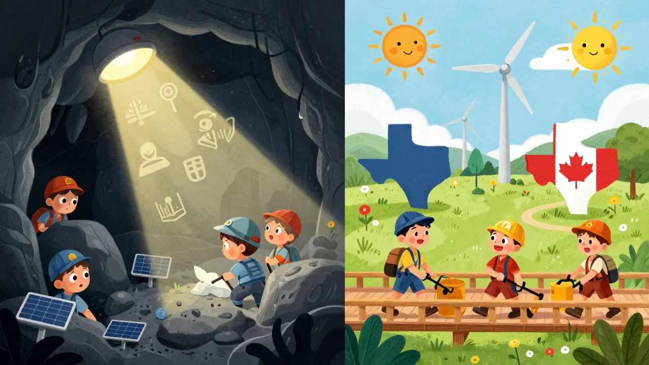 Illustration of miners fleeing dark caves to sunny foreign lands