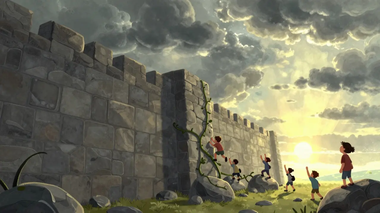 Illustration of traders bypassing a regulatory wall towards a uncertain financial horizon.