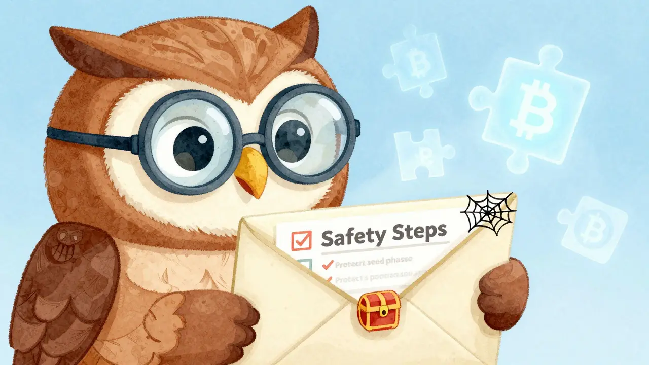 Owl detective inspecting a suspicious crypto email for safety warnings