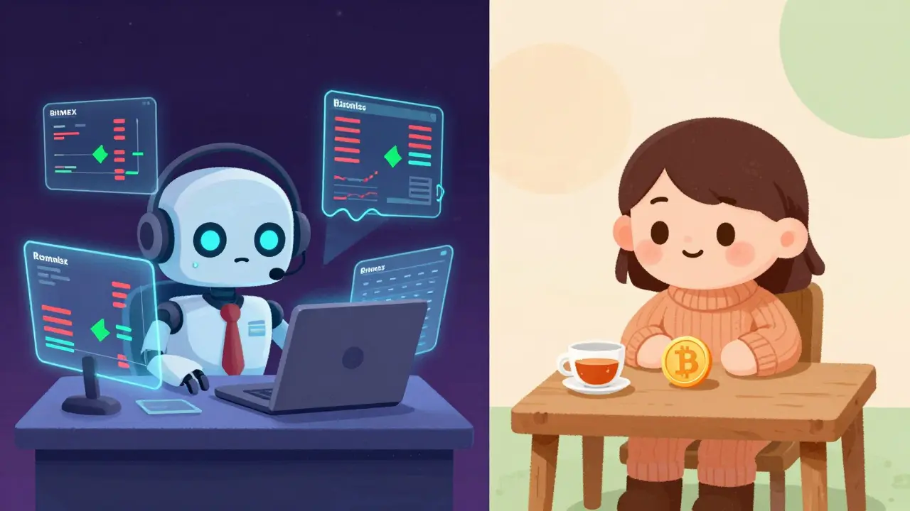 Robot trader vs calm investor comparing complex derivatives to simple spot trading