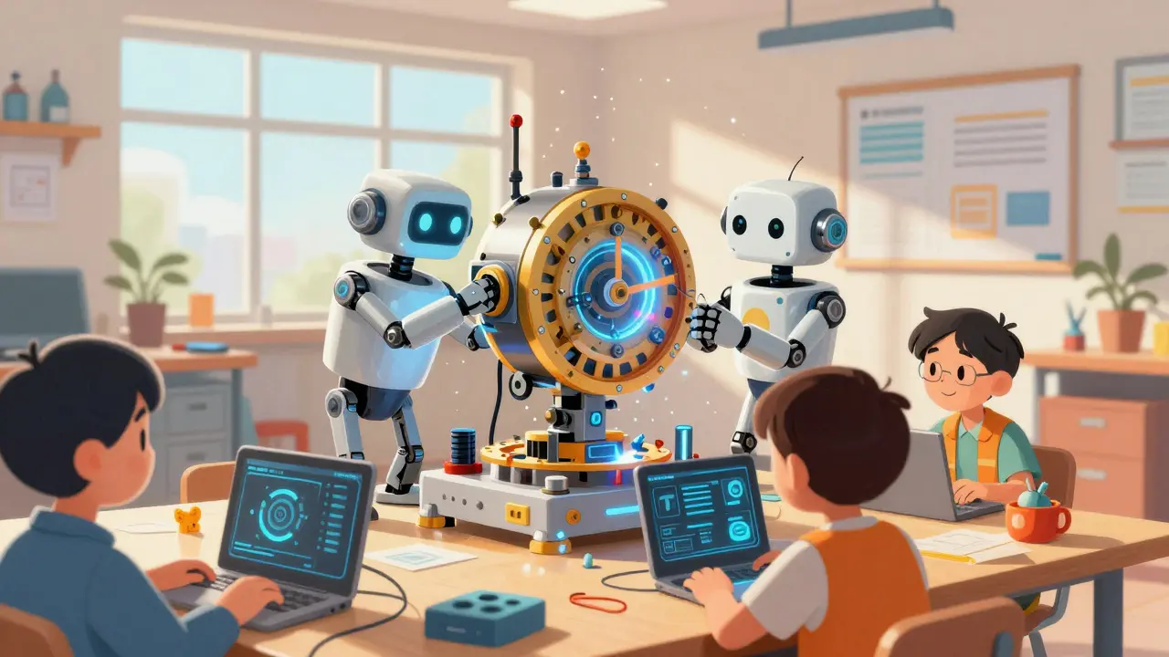 Robots upgrading machinery with precision parts in a workshop