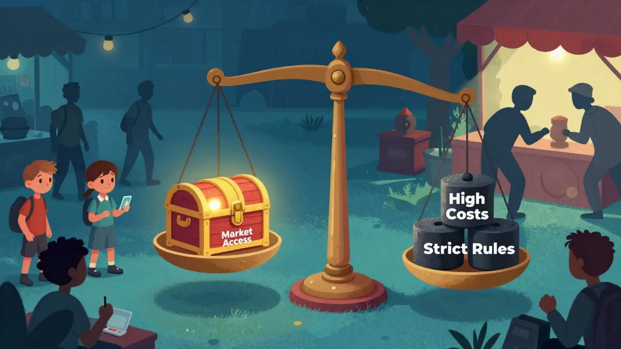 Storybook illustration weighing market benefits against high costs and strict rules.
