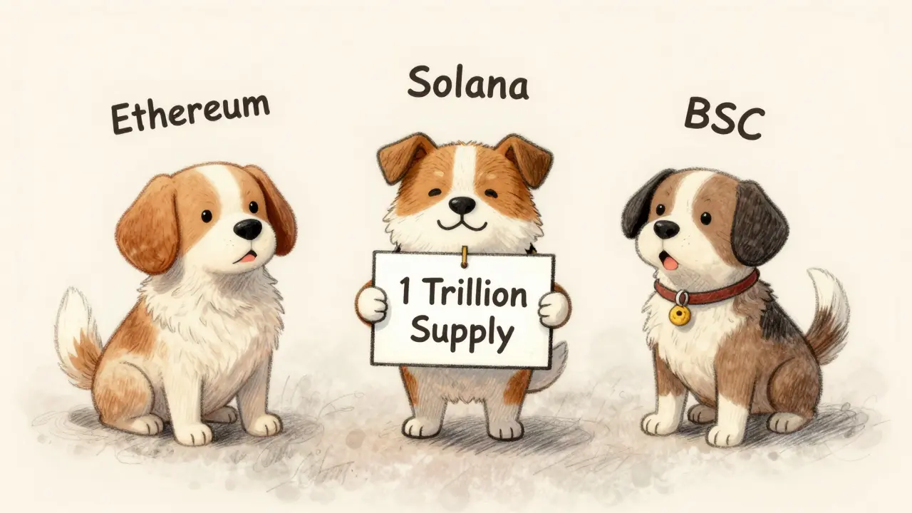 Three confused cartoon dogs with conflicting blockchain labels in a fog.