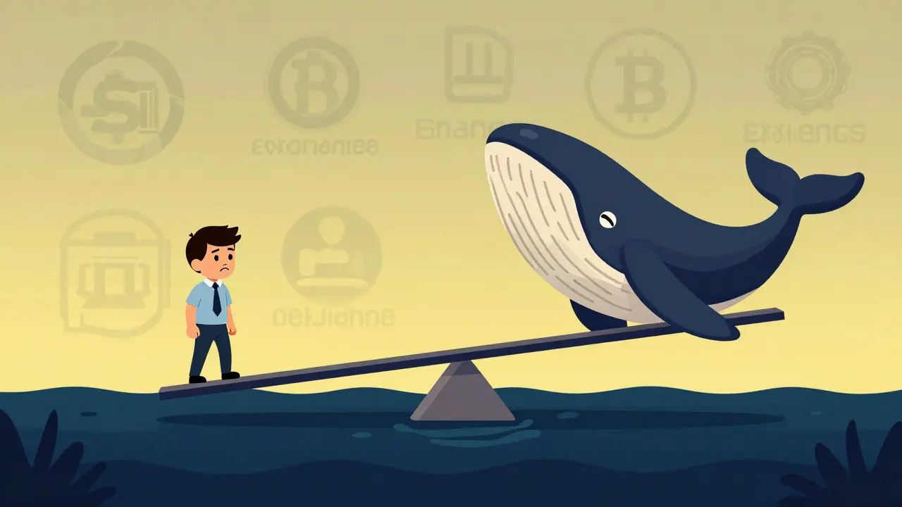 Tiny investor on seesaw weighed down by giant whale, symbolizing risk