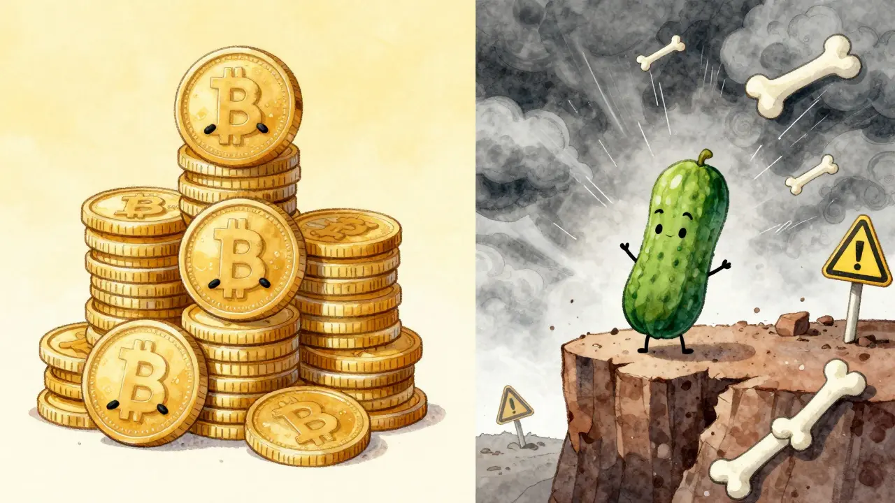 Tiny pickle coin on a cliff vs stable coin towers, risky comparison