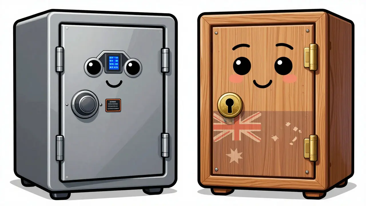 Two friendly safes representing different security styles for crypto assets