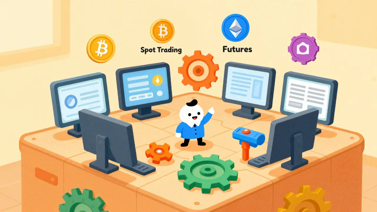 Whimsical drawing of simplified trading tools and colorful coins