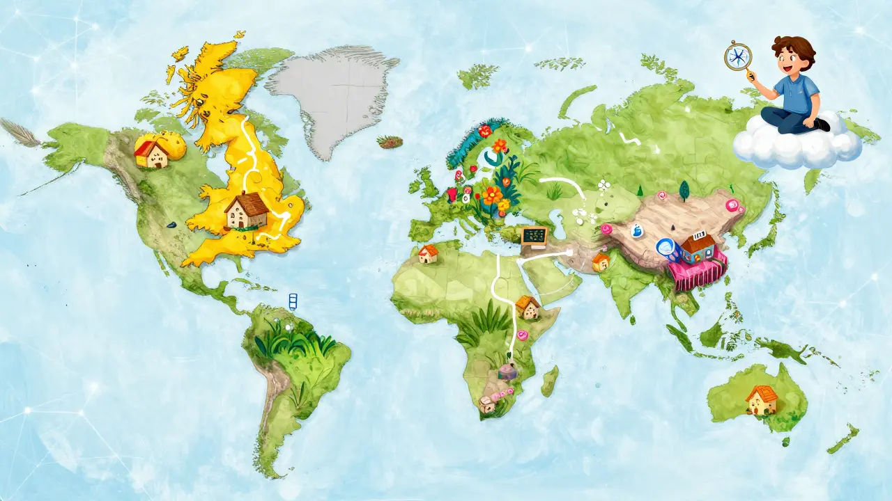 Whimsical map showing UK homes and Malaysian gardens for crypto choices.