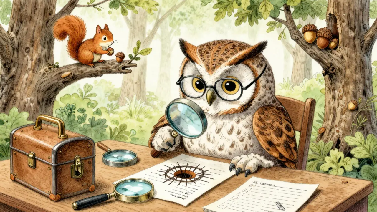 Wise owl checking documents with a magnifying glass for safety tips