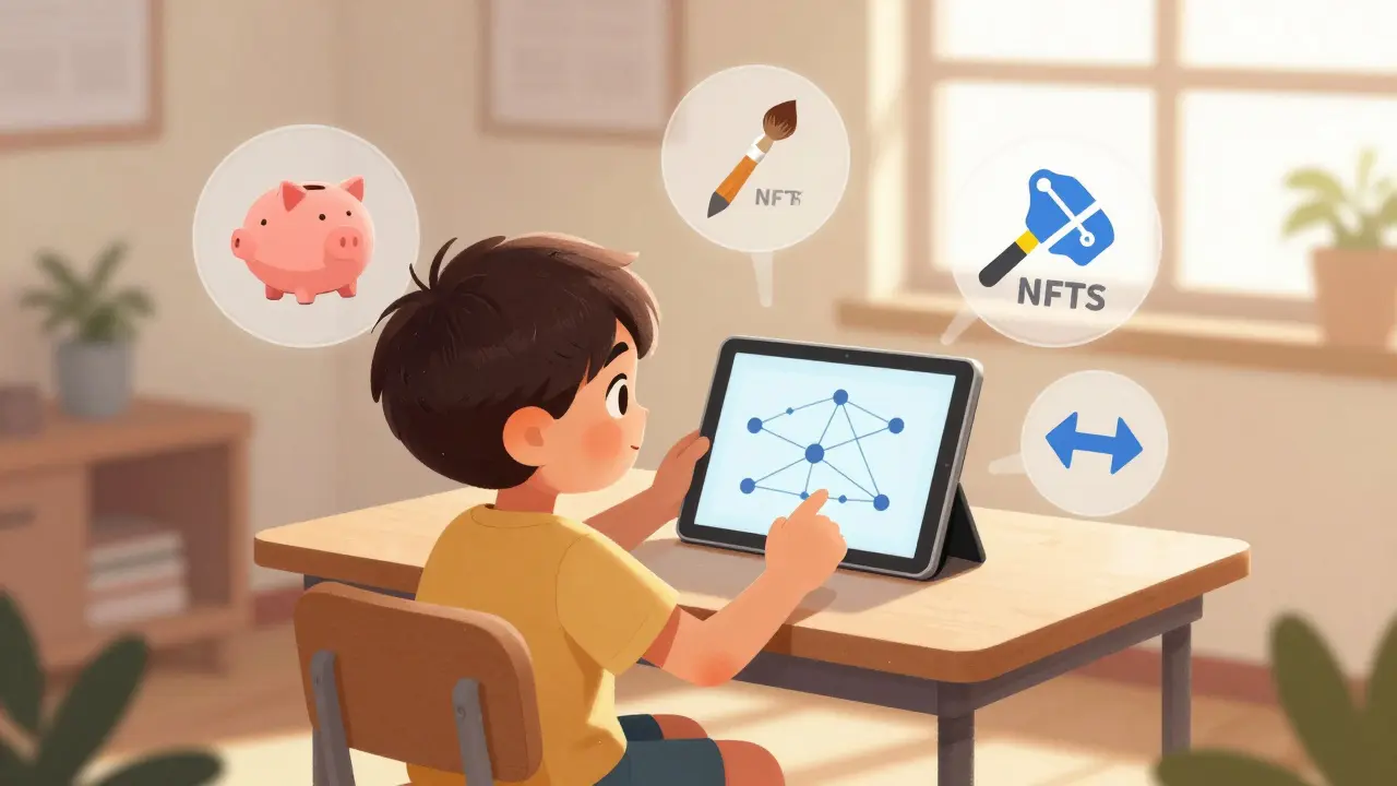 A child exploring crypto concepts like staking and NFTs via a tablet.