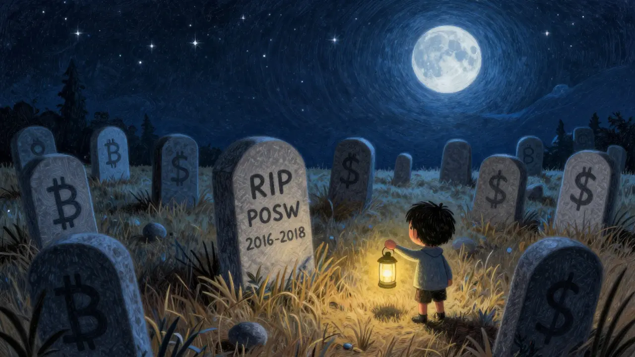 A digital graveyard with tombstones for dead altcoins
