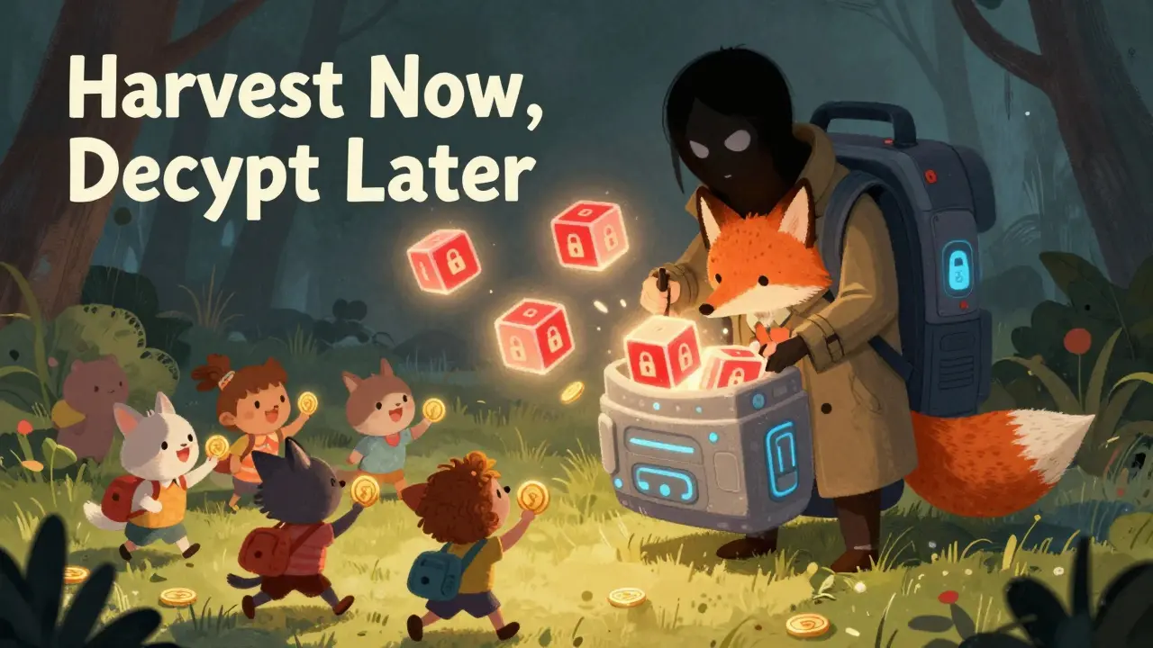 A fox character secretly collecting glowing data cubes while animals play with coins in the foreground.