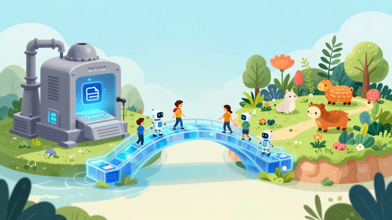 A whimsical bridge connecting complex machines to a vibrant user community.