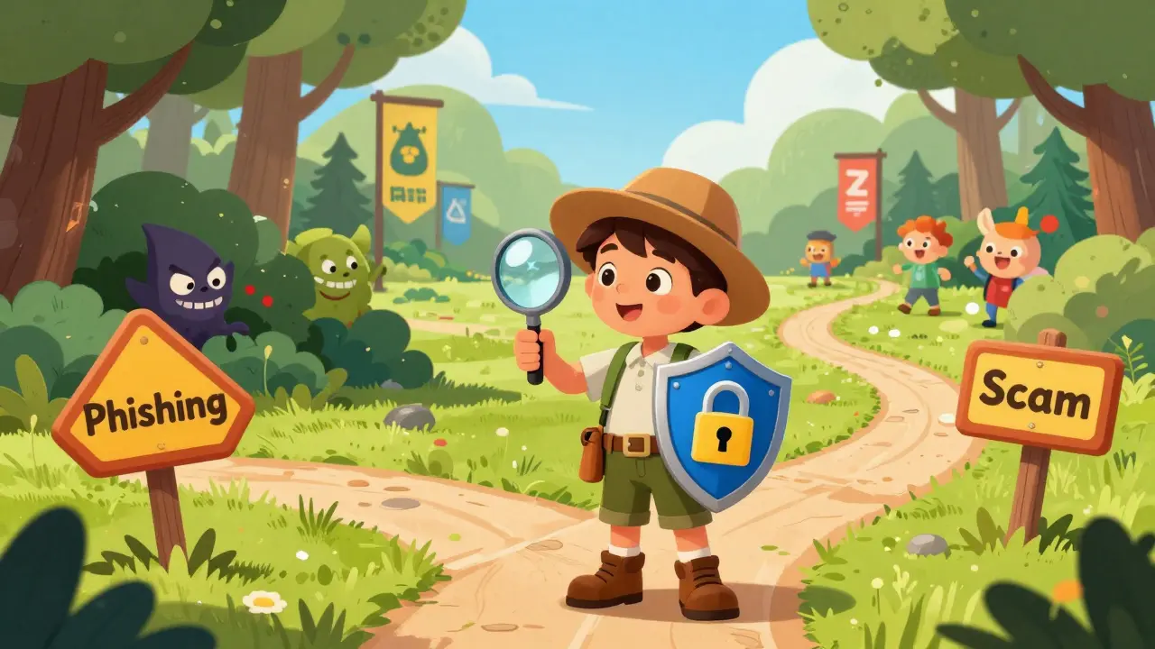 A young explorer using a magnifying glass to spot scam sprites on a forest path in a cartoon style.