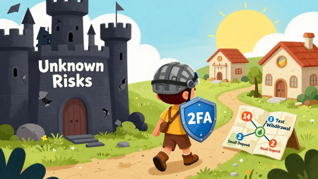 Adventurer child with security gear walking away from danger toward a safe crypto village.