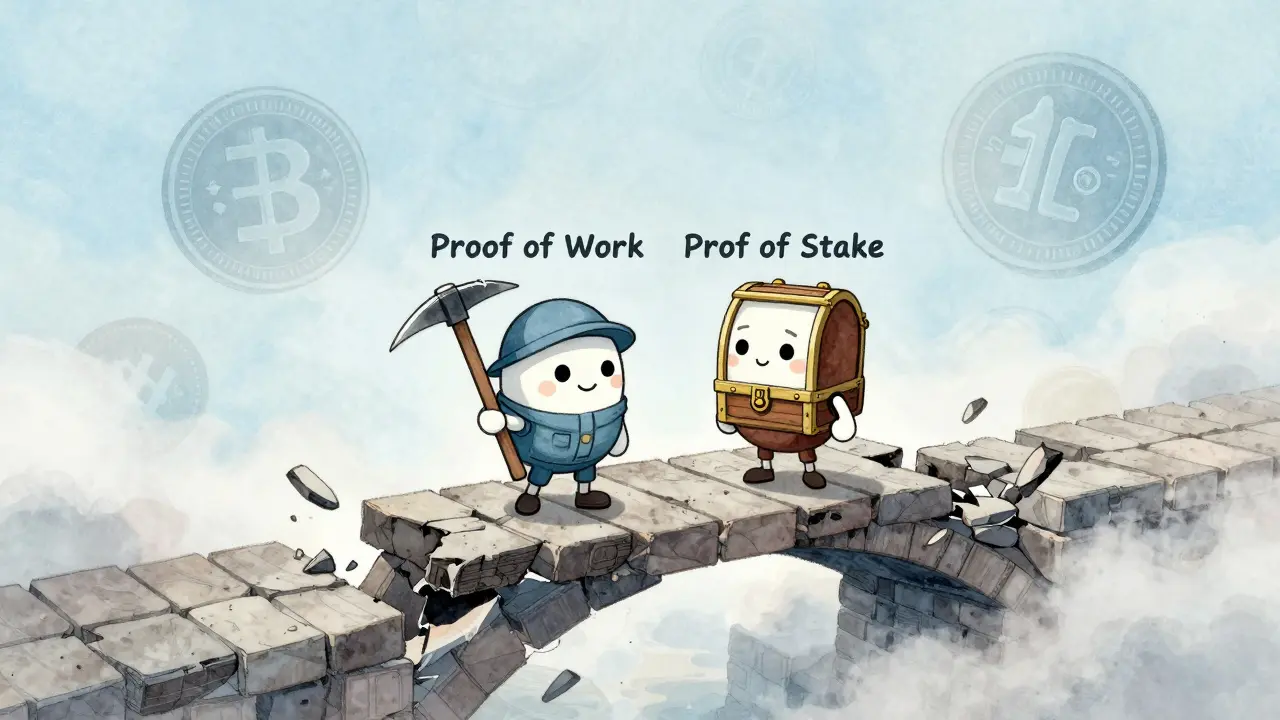 Anthropomorphic mining and staking figures on a fading bridge
