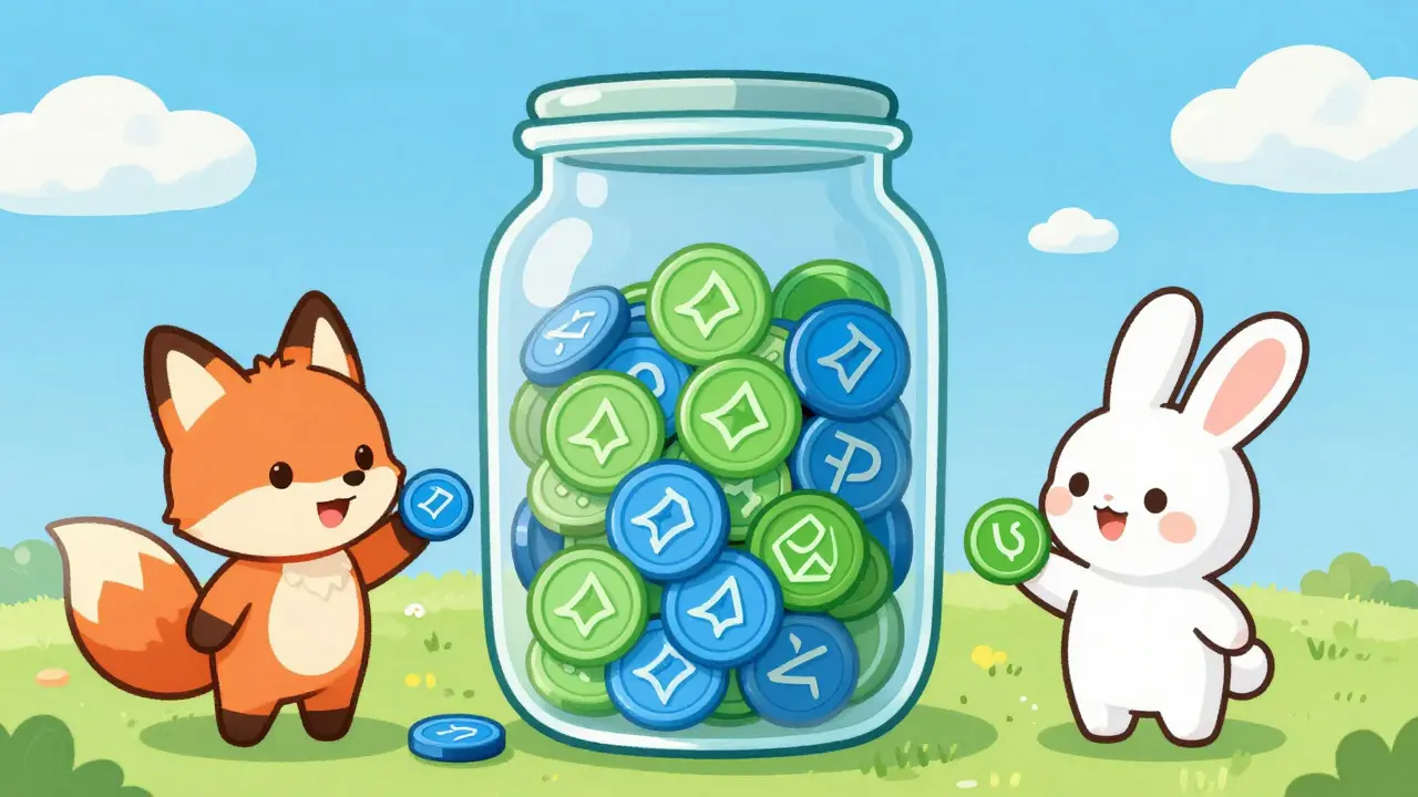 Cartoon animals trading blue and green tokens in a glass jar pool