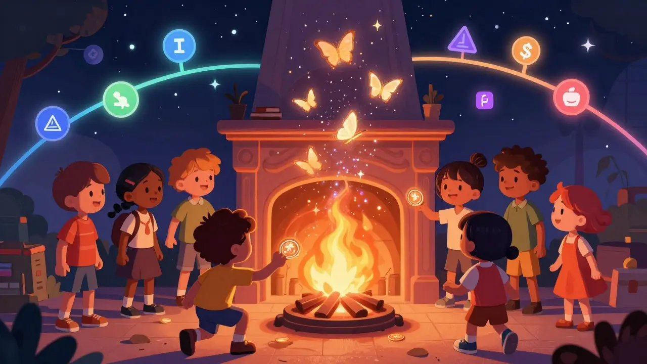 Cartoon characters burning ACS tokens in a fireplace, releasing glowing butterflies.