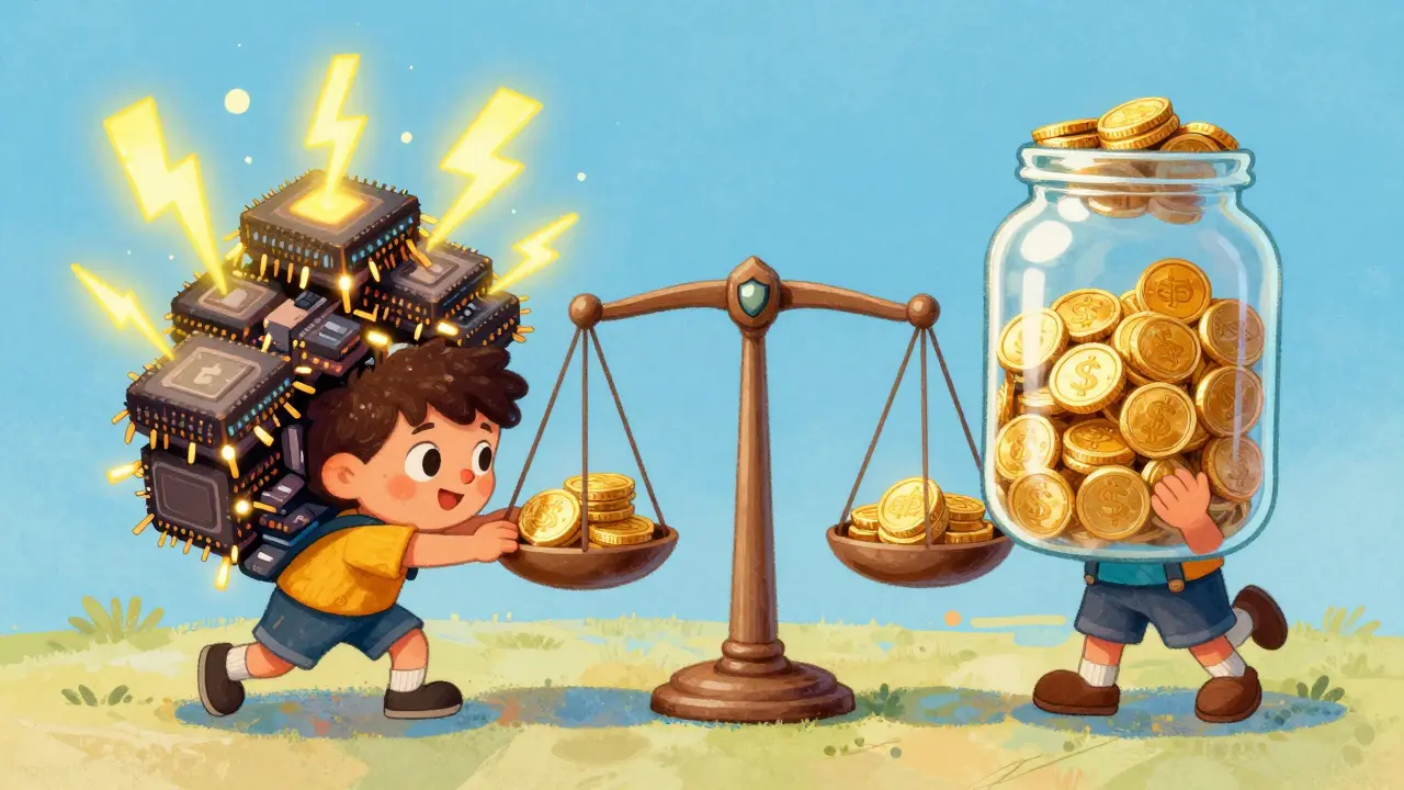 Cartoon comparison of mining hardware versus staked coins on a scale