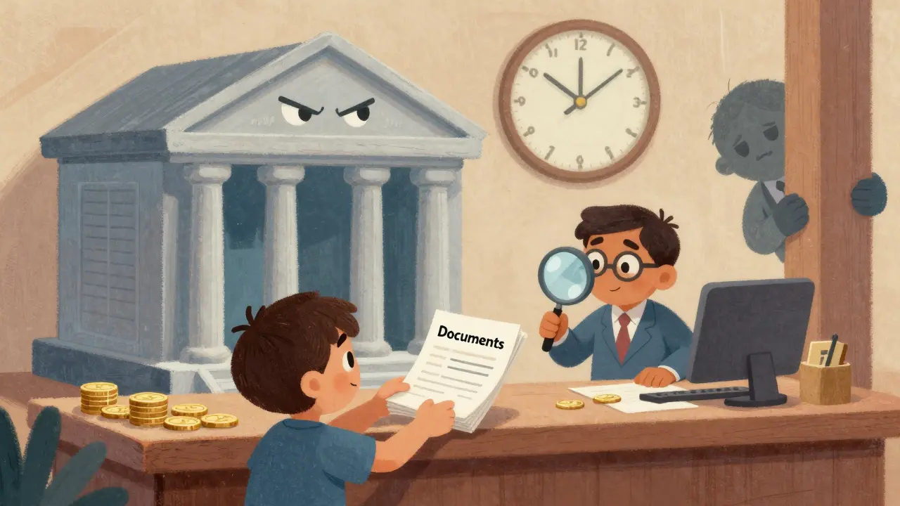Cartoon of person submitting documents to bank for crypto transfer approval