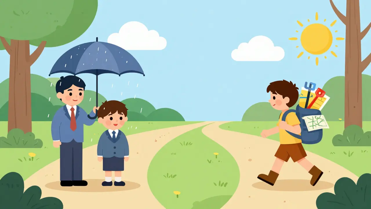 Cartoon showing two paths: one guided and safe, the other free but burdensome.