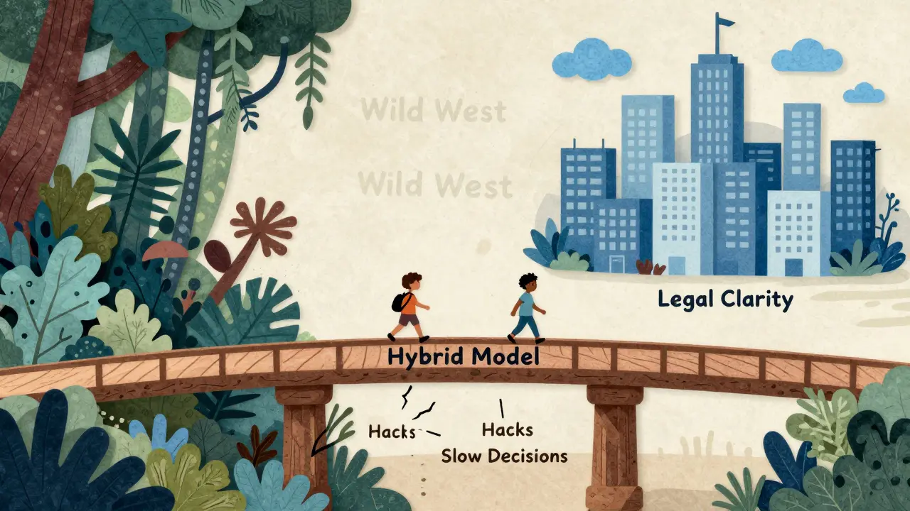 Characters crossing a bridge from chaos to order, representing DAO maturity.