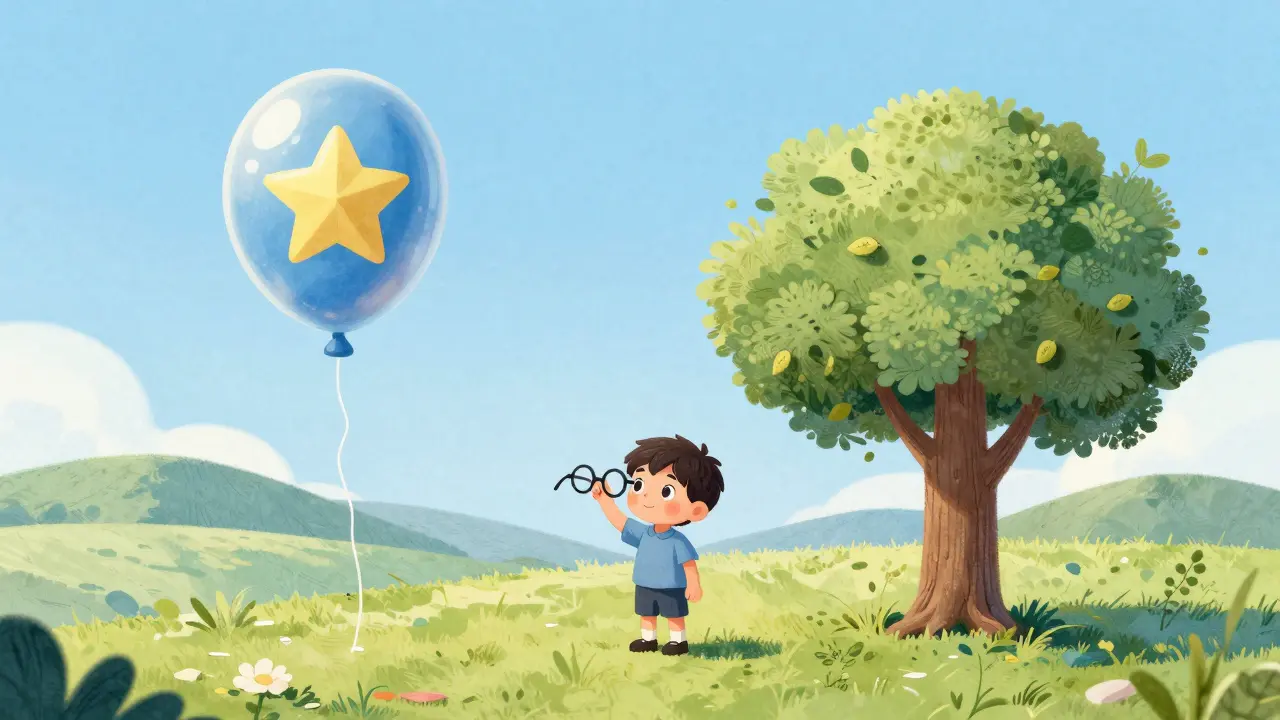 Child comparing a large star balloon to a small tree in a landscape