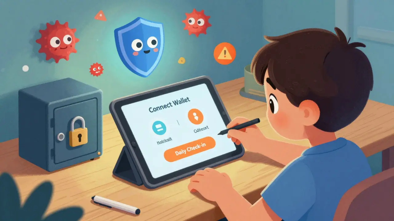 Child using tablet for crypto tasks with a security shield mascot